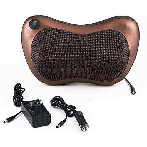 Electric neck and back massager with power adapter and car charger.