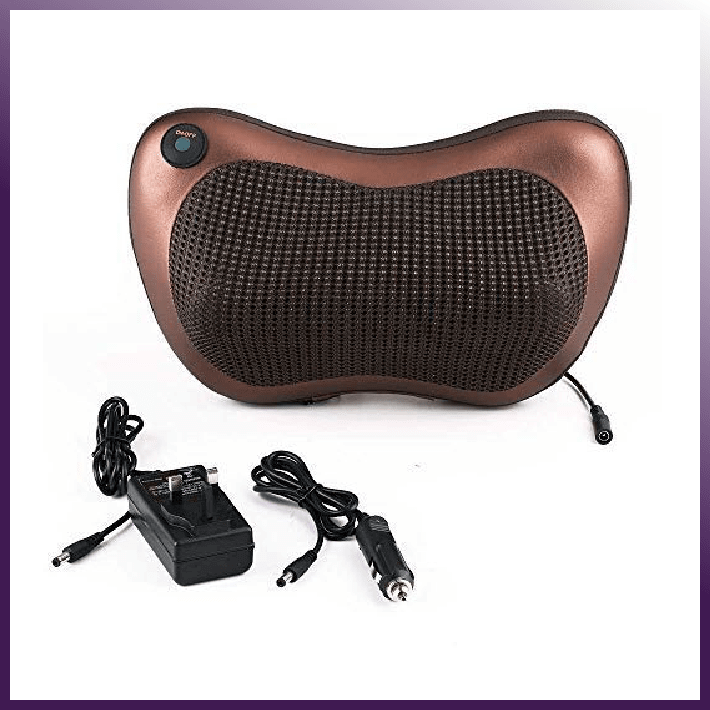 Premium MIANIMED skincare massage pillow with power adapter and car charger accessories.