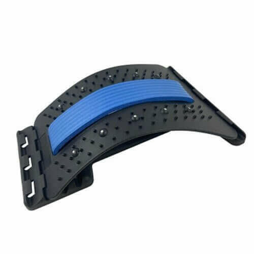 Black and blue lumbar back stretcher device with multiple spikes for pain relief and posture correction