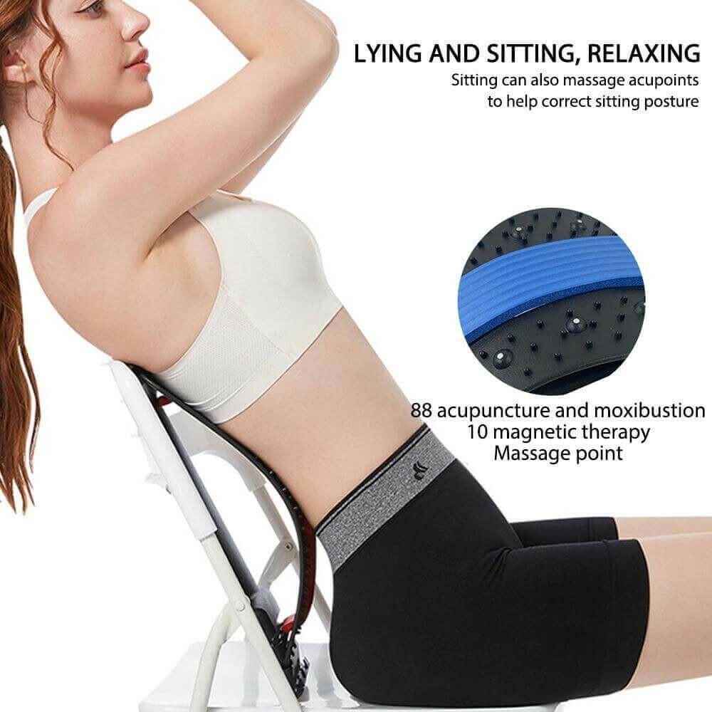 Woman using a therapeutic back support cushion for lying and sitting posture correction with acupuncture and magnetic therapy points.