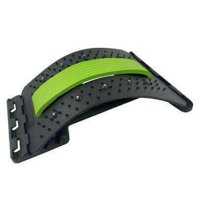 Black and green back stretcher with ergonomic design featuring adjustable settings and massage nodes for spine pain relief and posture correction.