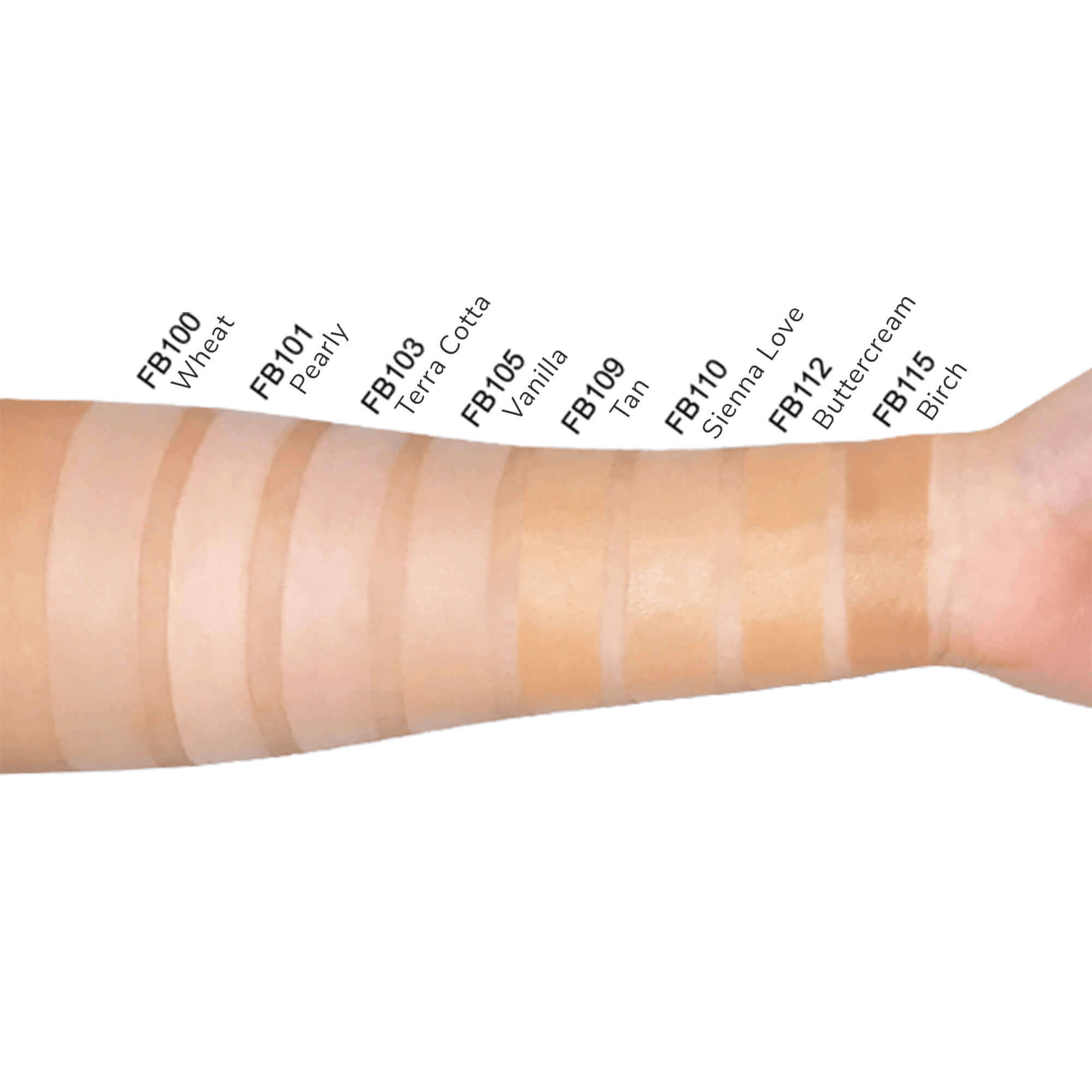 MIANIMED Premium skincare arm swatches showing different foundation shades ranging from FB100 Wheat to FB115 Birch.