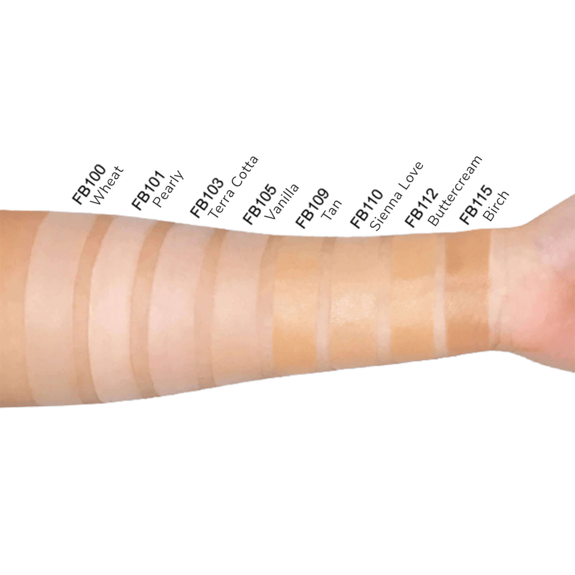 MIANIMED Premium Skincare Arm Swatches in Various Shades from Wheat to Birch