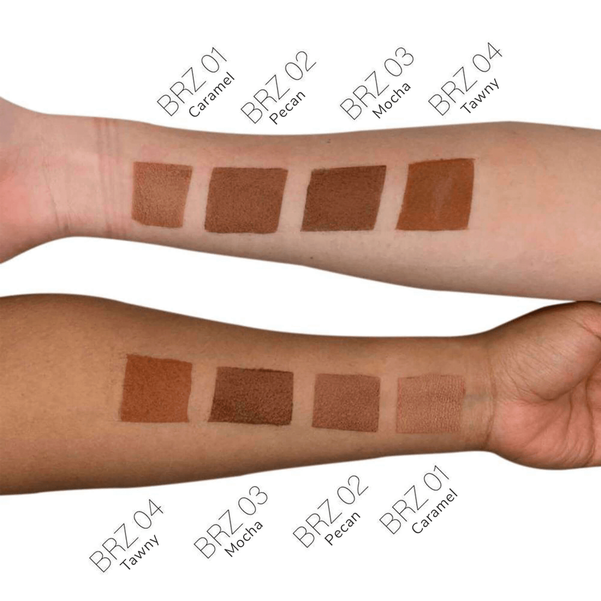 MIANIMED Premium skincare product swatches on diverse skin tones showcasing shades Caramel, Pecan, Mocha, and Tawny on two arms.