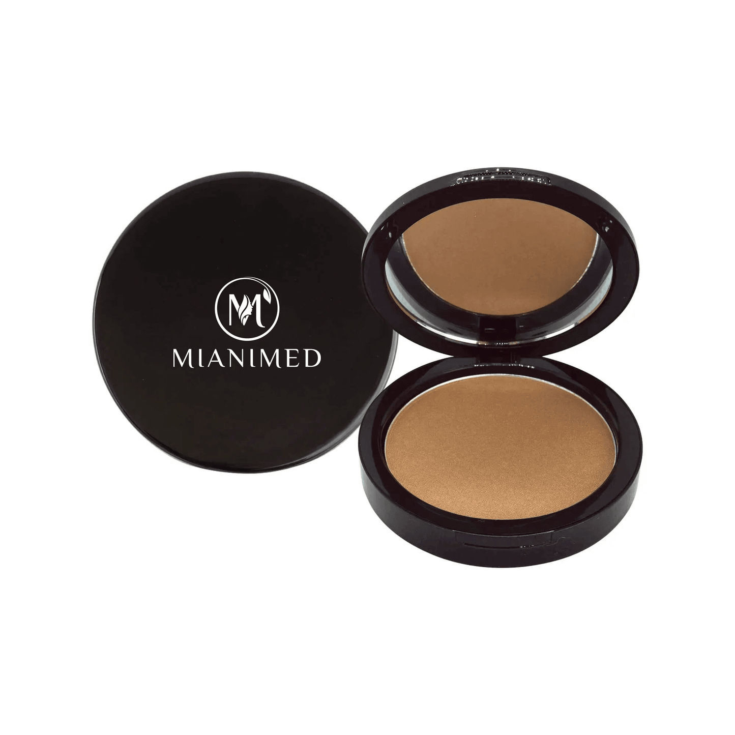 MIANIMED Premium skincare compact powder open with warm brown shade and logo on the lid.