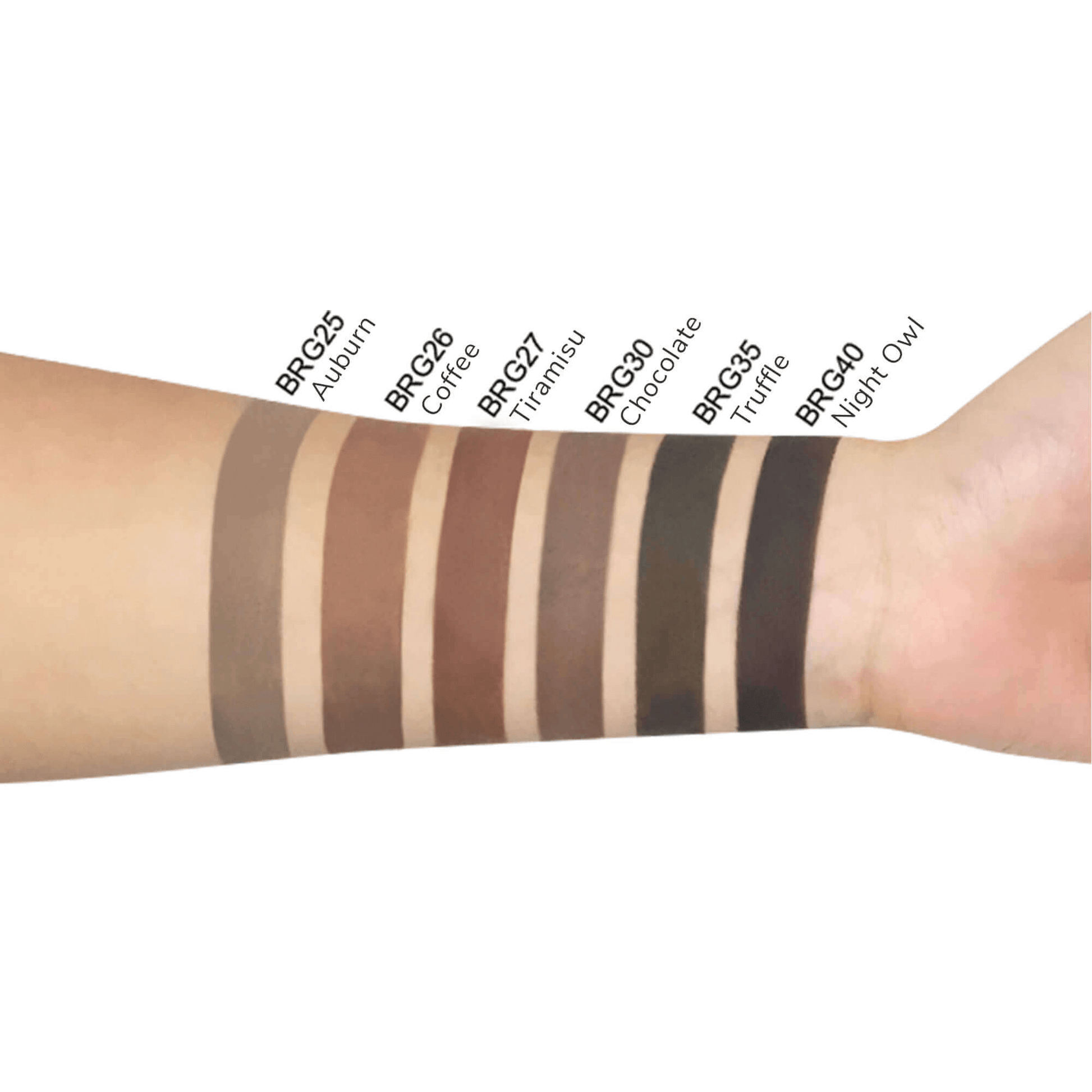 Swatch samples of MIANIMED premium skincare foundation with various shades including Auburn, Coffee, Tiramisu, Chocolate, Truffle, and Night Owl.