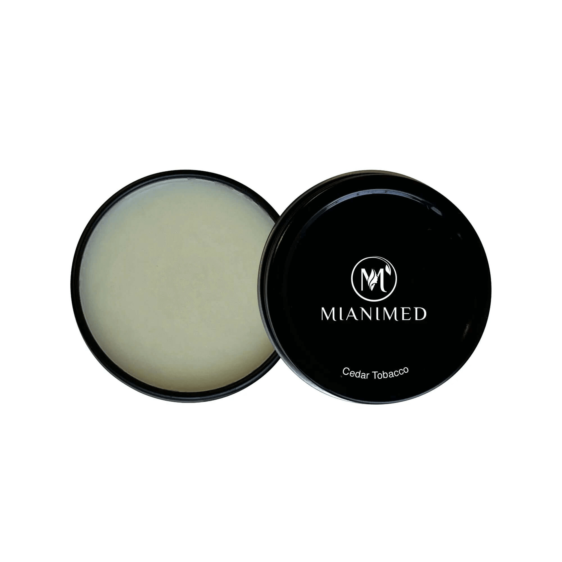 MIANIMED Premium Skincare Cedar Tobacco balm in open black container