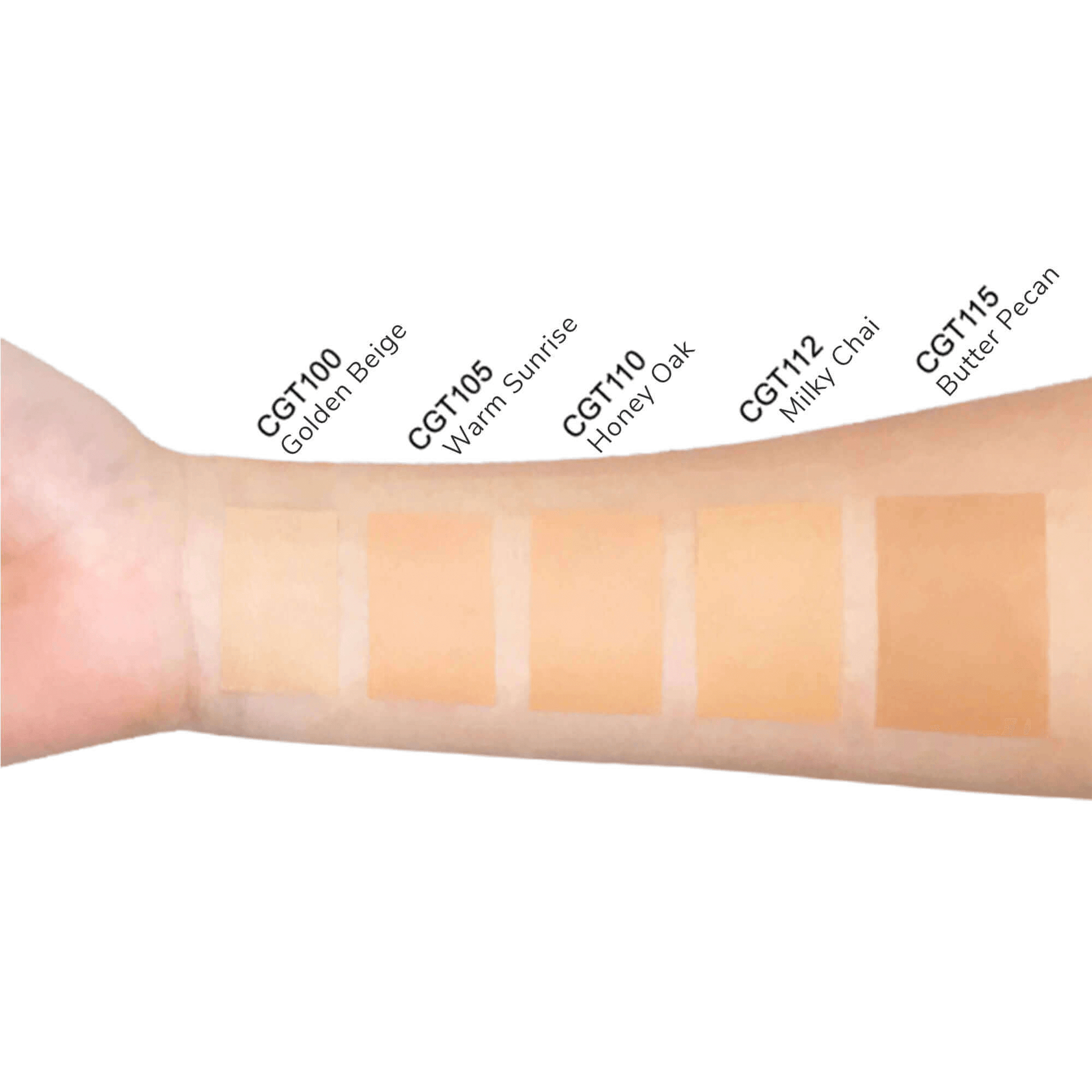 MIANIMED Premium skincare foundation shades on arm showing Golden Beige, Warm Sunrise, Honey Oak, Milky Chai, and Butter Pecan