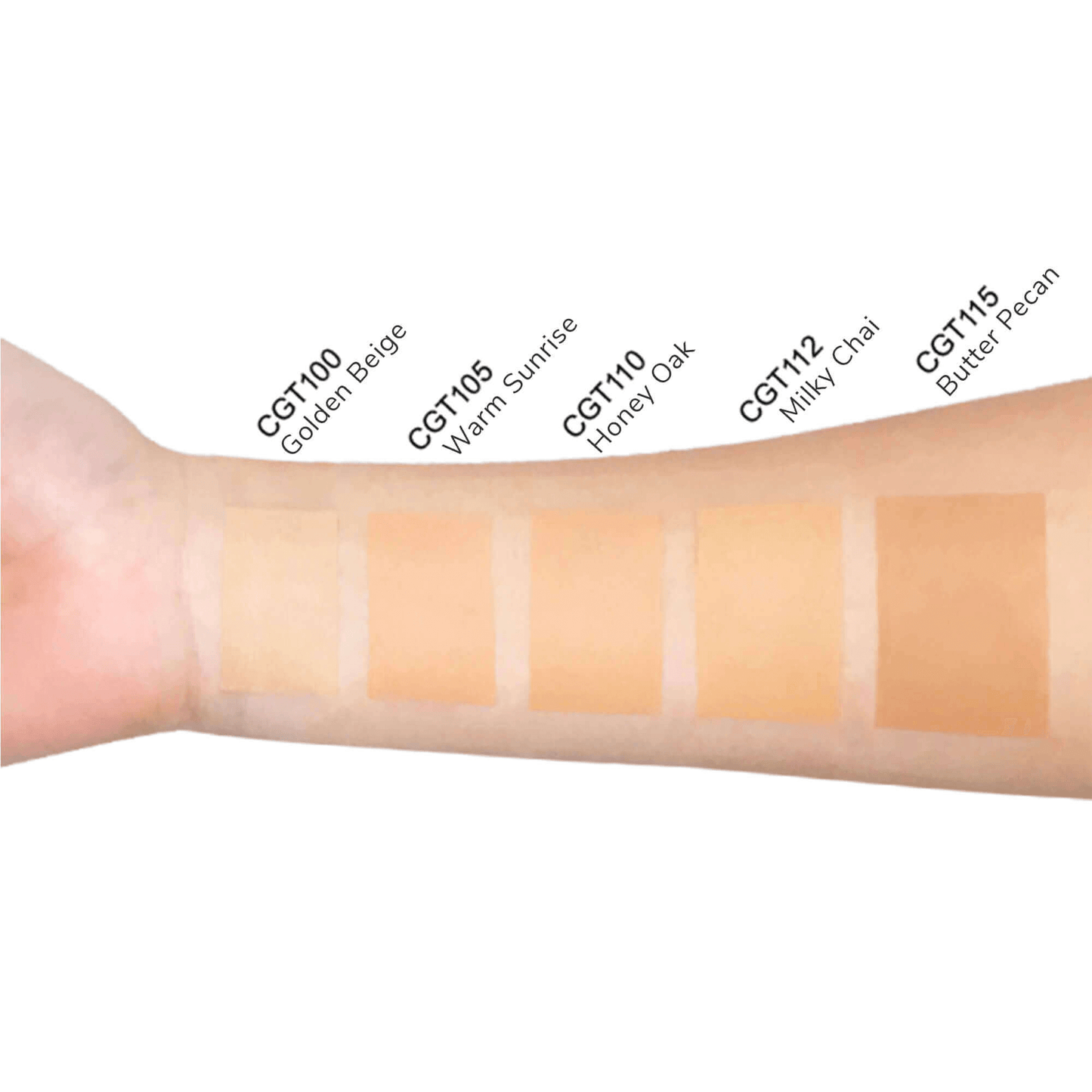 Arm displaying MIANIMED premium skincare foundation shades in Golden Beige, Warm Sunrise, Honey Oak, Milky Chai, and Butter Pecan.