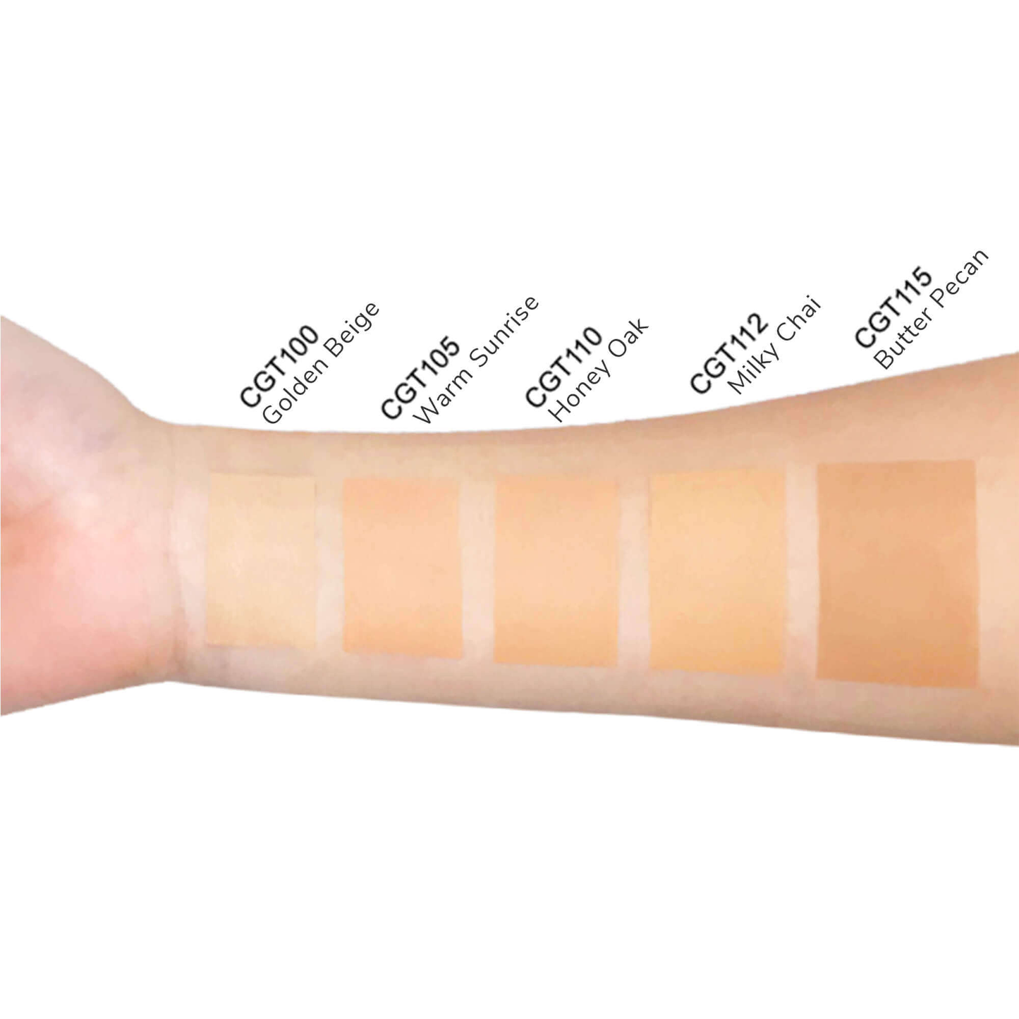 MIANIMED Premium Skincare CGT Foundation Shade Samples on Arm: Golden Beige, Warm Sunrise, Honey Oak, Milky Chai, Butter Pecan