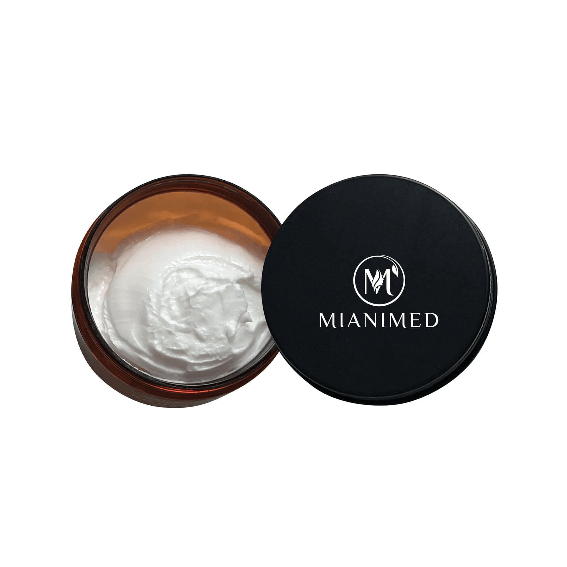 MIANIMED premium skincare product in open brown jar with black lid, showcasing luxurious white cream.