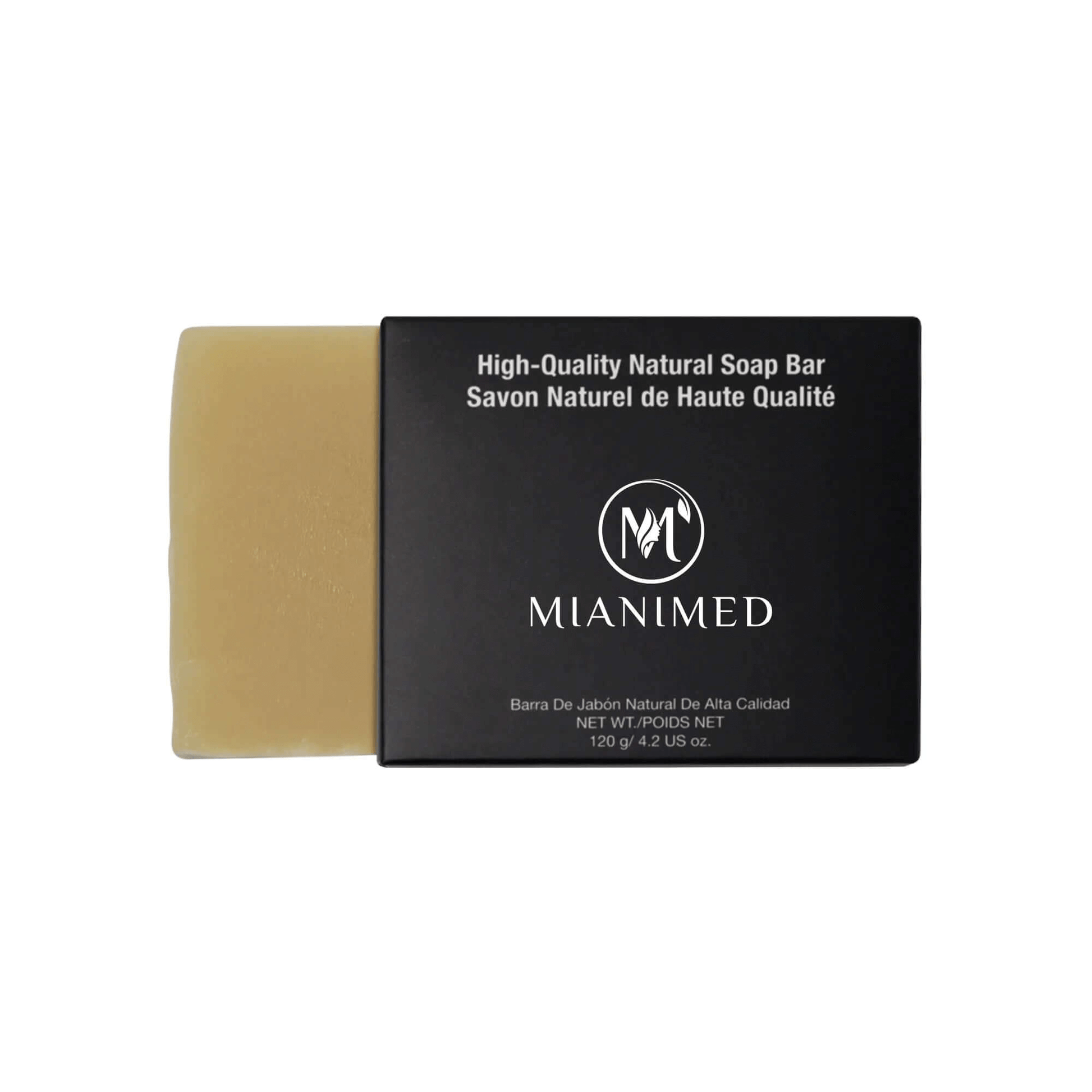 MIANIMED Premium skincare high-quality natural soap bar with black packaging and beige soap.