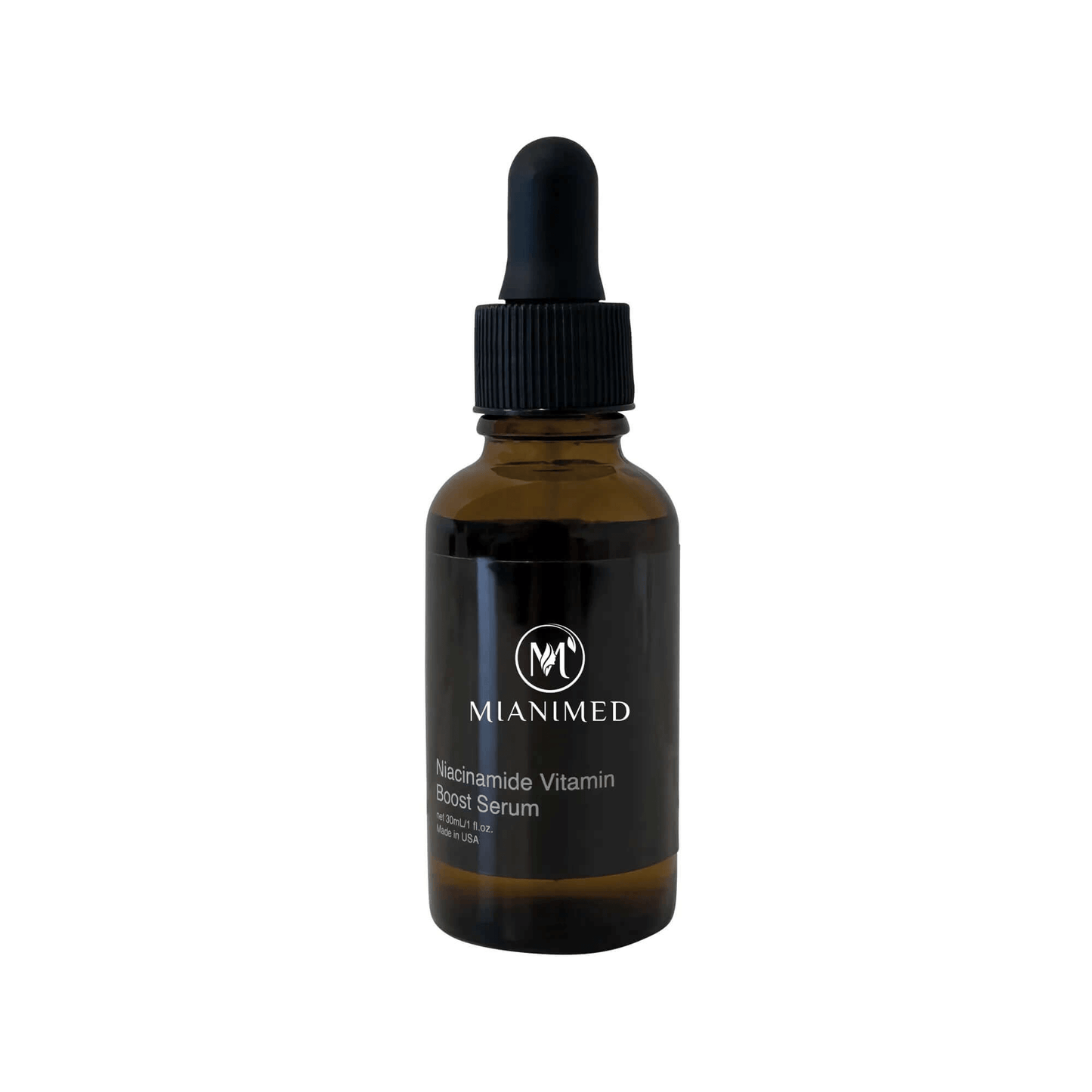 MIANIMED Premium Skincare Niacinamide Vitamin Boost Serum in dark amber bottle with dropper