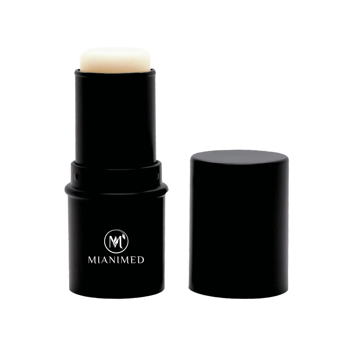 MIANIMED premium skincare balm stick in sleek black packaging, with cap removed, showcasing luxurious skincare product.